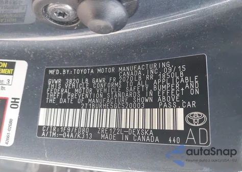 2016 Toyota Corolla S Plus from USA, damaged, VIN 2T1BURHE5GC520003